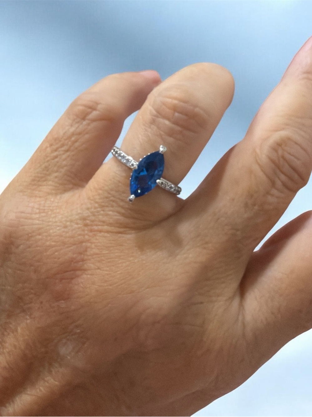 Marquise Blue Solitaire Ring with Pavé Silver Band - Women's Jewelry